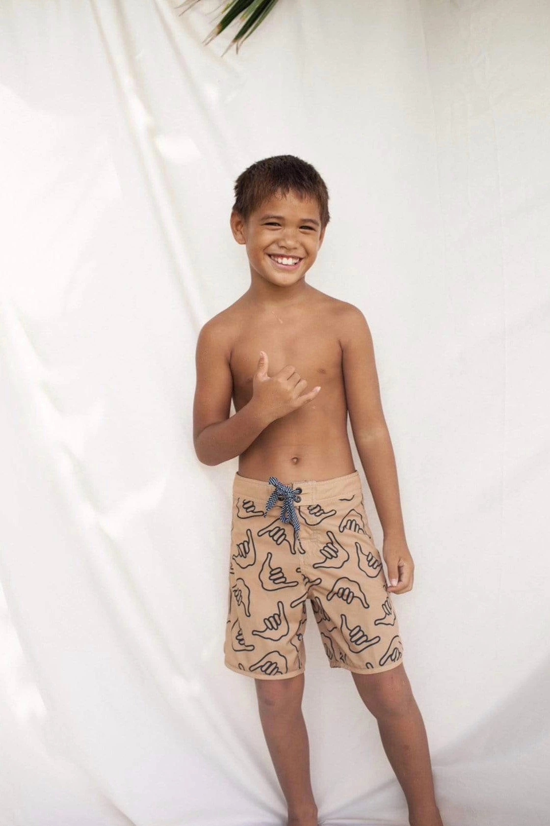 Mini Of One Sea Kid's Retro Boardshorts In Tan Shaka 3 Mini Of One Sea Kid's Retro Boardshorts In Tan Shaka